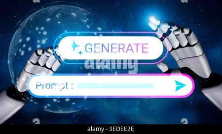 Futuristic Concept of Artificial Intelligence Generating Ideas with Robotic Hands in Cosmic Background Gluon. Stock Photo