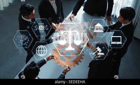 Engaging depiction of a business meeting focused on technology and law, showcasing teamwork and innovation with digital graphics of gears, scales, and Stock Photo