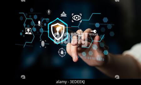 Digital Security Solutions Concept with Icons of Protection, Data Privacy, and Cybersecurity on a Futuristic Background Fluxor. Stock Photo