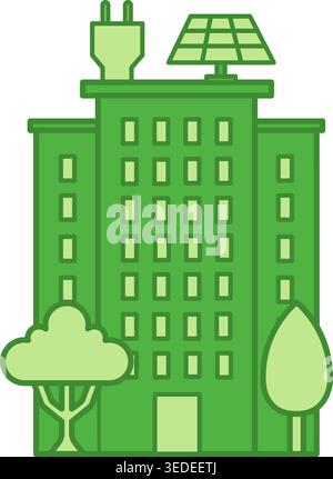 Colored Green City Icon. Vector Icon of a Multi-Storey House with Solar Panels and Trees. Ecology and Environmental Protection Concept Stock Vector