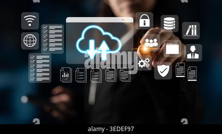 Cloud upload and download icon with surrounding data management, security, and analytics icons in digital interface Parse Stock Photo