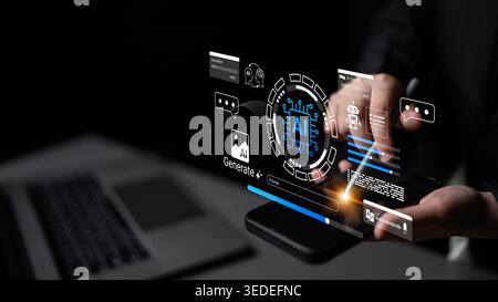 Explore a modern workspace featuring a digital interface that highlights artificial intelligence innovations, showcasing user engagement and advanced Stock Photo