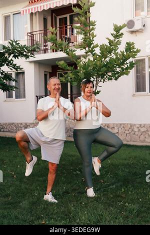 Active aging couple practicing outdoor yoga tree pose, balance training and inclusive fitness routine, couples wellness lifestyle in green yard Stock Photo