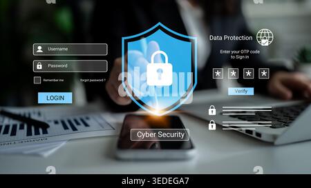 A young professional interacts with a smartphone displaying a secure login interface, illustrating cyber security and data protection in today digital Stock Photo