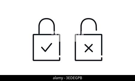 Security status icon set: locked padlock with check mark and open padlock with X sign, minimalist black line art vector illustration. Stock Vector