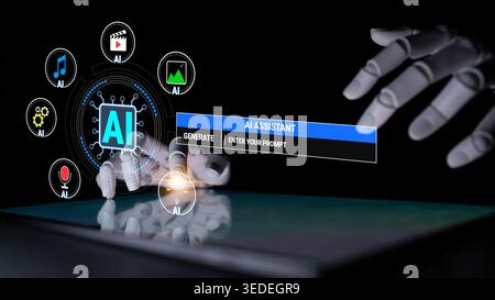 Futuristic Concept of AI Assistant with Digital Interface and Robotic Hand Interacting with Touchscreen Technology Quark. Stock Photo