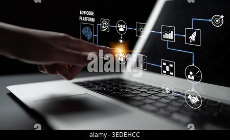 Modern Laptop Displaying Low Code Platform with Innovative Icons for Software Development and User Interaction in a Digital Workspace Quark. Stock Photo