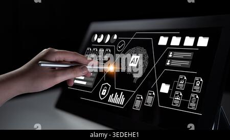 Explore a sophisticated digital interface showcasing artificial intelligence concepts with interactive elements, ideal for portraying technology Stock Photo