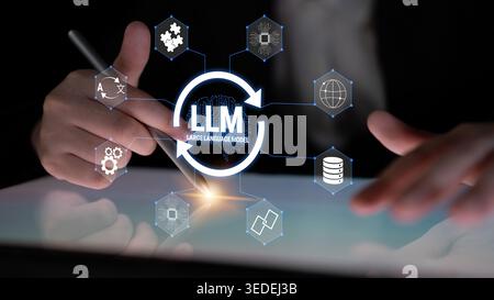 Hands Using Digital Tablet to Interact with Large Language Model Concepts and Visuals in Modern Business Setting Quark. Stock Photo