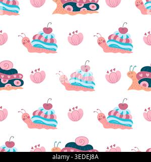Seamless pattern featuring cute cartoon snails on a white background. Ideal for kids Stock Vector