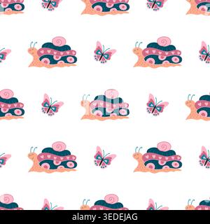 Seamless pattern featuring cute cartoon snails on a white background. Colorful cartoon print Stock Vector