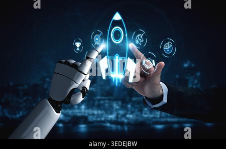 Futuristic Collaboration Between Robot Hand and Human Hand Over Rocket Launch Icon in Digital Space Sigmoid Stock Photo