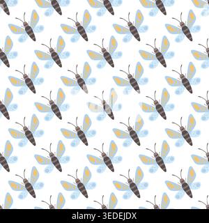Seamless pattern with cute blue moths on a white background. Decorative vector illustration for textile, wallpaper Stock Vector