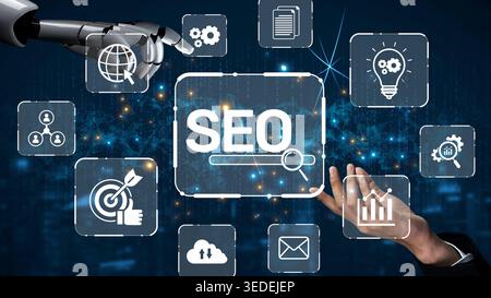 SEO concept for improving SEO visibility, with SEO related digital tools and SEO performance icons shown in an focused layout for strategic marketing Stock Photo