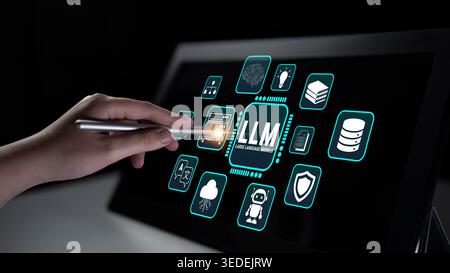 Hand Interacting with a Digital Screen Displaying Technology Icons and LLM Concept in a Dark Environment Fluxor. Stock Photo