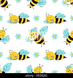 Seamless pattern featuring cute cartoon bees carrying honey buckets and holding blue flowers on a white background. Perfect for children's nursery dec Stock Vector