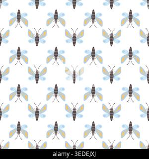 Seamless pattern with cute blue moths on a white background. Decorative vector illustration for textile, wallpaper, and design Stock Vector