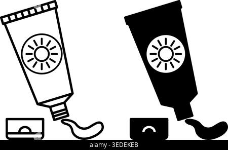 Sunscreen icons. Black and White Vector Icon of Open Tube with Sunscreen. Protecting Skin from Ultraviolet Light. Summer and Vacation Concept Stock Vector