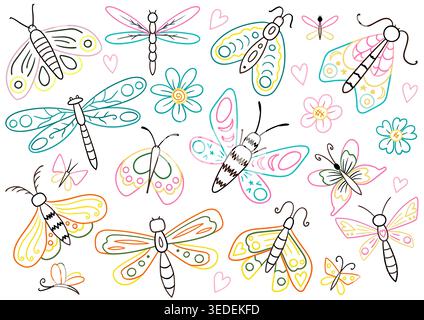 Set of cute butterflies, dragonflies in soft pink and blue tones with decorative wings and small hearts. Colored outline hand drawn style, perfect for Stock Vector