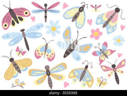Set of cute butterflies, dragonflies in soft pink and blue tones with decorative wings and small hearts. Perfect for children's textiles, children's p Stock Vector