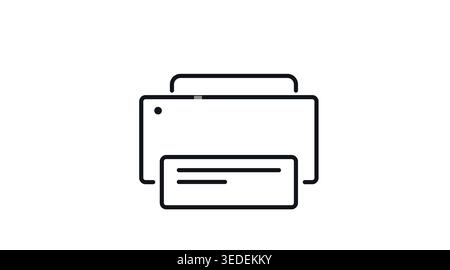 inimalist printer icon: office paper printing machine, black line art vector illustration for UI/UX and hardware documentation. Stock Vector