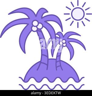 Island Color Icon. Vector Icon of Palm Trees on the Beach, Sun, and Ocean Waves. Tropical Island. Summer and Vacation Concept Stock Vector