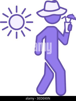 Summer Time Colored Icon. Vector Icon. Man in Beach Hat Drinks Refreshing Cocktail. Vacation and Travel Concept Stock Vector