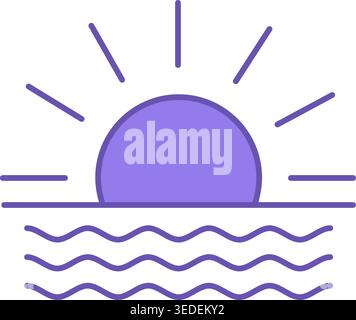 Colored Sunset Icon. Vector Icon of the Sun on the Ocean Background. Times of Day. Summer and Vacation Concept Stock Vector