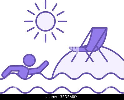 Colored Summer Icon. Vector Icon of Deck Chair on the Beach, Sun, and Floating Man. Vacation and Travel Concept Stock Vector