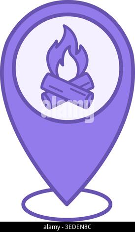 Colored Location Icon. Vector Icon. Map Pointer and Bonfire. Tourist Sign. Camping and Travel Concept Stock Vector