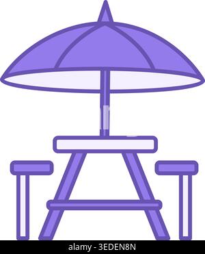 Colored Picnic Table Icon. Vector Icon of Summer Umbrella, Table, and Chairs. Leisure and Travel. Camping and Tourism Concept Stock Vector