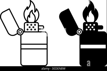 Lighter icons. Black and White Vector Icon of Lit Lighter. Device for lighting a fire. Camping and Tourism Concept Stock Vector