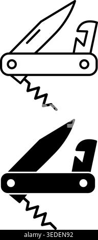 Pocket Knife Icons. Black and White Vector Tourist Knife Icons. Camping Concept Stock Vector