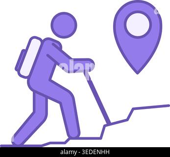 Hiking Colored Icon. Vector Icon. Tourist with Backpack Climbing to the Top of the Mountain. Location Sign. Camping and Tourism Concept Stock Vector