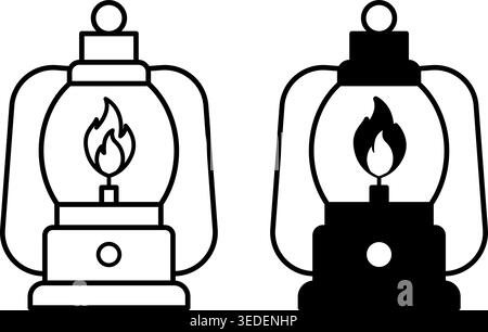 Lantern icons. Black and White Vector Icons. Old Kerosene Lamp. Barn Lantern, Room Lighting. Camping and Tourism Concept Stock Vector
