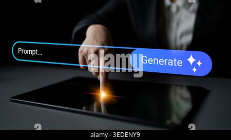 A hand poised over a tablet screen, engaging with a vivid generate button. This image symbolizes digital interaction in modern workspaces and Stock Photo