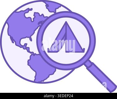 Colored Icon Exploration. Vector Icon. Planet Earth, Tent for Tourists under Magnifying Glass. Adventure and Camping Concept Stock Vector