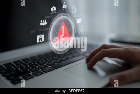 Red warning triangle representing a cybersecurity threat or data breach alert, surrounded by digital security and network protection icons Stock Photo