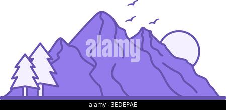 Mountain Colored Icon. Vector Icon. Mountains, Trees, Birds and Sun. Adventure and Tourism Concept Stock Vector