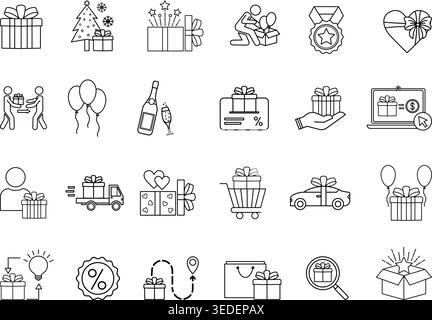 Gift Icon Set. Vector Icons Surprise, Unboxing, Buy Gift, Bonus, Champagne, Gift Delivery, Send Gift, New Car, Gift Card, Discount, Balloons and More Stock Vector