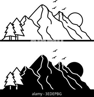 Mountain Icons. Black and White Vector Icons. Mountains, Trees, Birds and Sun. Adventure and Tourism Concept Stock Vector