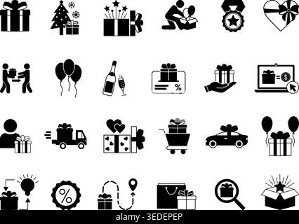 Black Gift Icon Set. Vector Icons Surprise, Unboxing, Buy Gift, Bonus, Champagne, Gift Delivery, Send Gift, New Car, Gift Card, Balloons and More Stock Vector