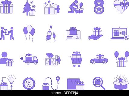 Colored Gift Icon Set. Vector Icons Surprise, Unboxing, Buy Gift, Bonus, Champagne, Gift Delivery, Send Gift, New Car, Gift Card, Discount, and More Stock Vector