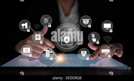 Illustrating a modern digital home security concept featuring various smart devices and lock icons on a touchscreen, signifying enhanced connectivity Stock Photo