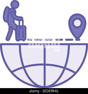 Colored Immigration Icon. Vector Illustration. A Man with a Backpack and a Suitcase Walking to a Pin on the Globe. Citizens of One Country Entering An Stock Vector