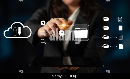 Businesswoman Using Digital Tablet for Secure Data Management in Cloud Storage with Security Icons and Folder Graphics Quark. Stock Photo