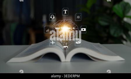 Open book with glowing light bulb representing innovative concepts and ideas related to multitalented artificial intelligence technology themes Haptic Stock Photo