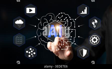 Hand touching a virtual display of AI concepts with various technology icons representing data analysis, cloud computing, machine learning, and Stock Photo