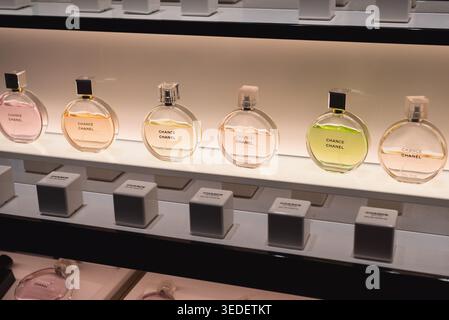A row of Chanel perfumes on a store shelf on December 24, 2023, in Bangkok, Thailand Stock Photo