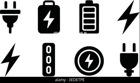 Electric Power and Charging Icons Vector Set – Plug, Battery Level Indicator, Lightning Bolt and Energy Symbols Silhouette Collection Stock Vector